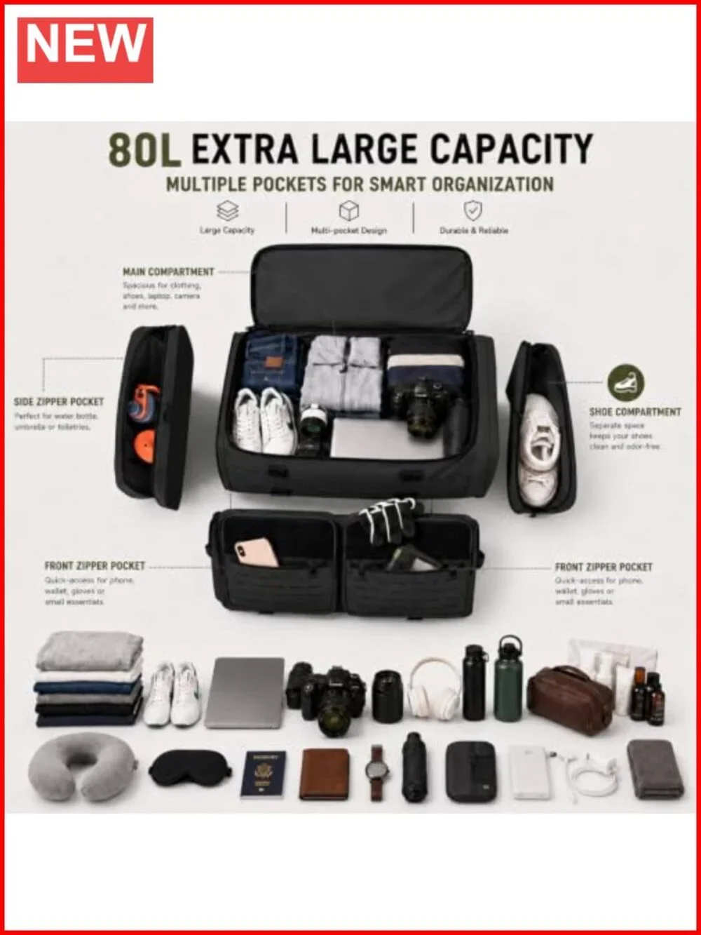 Extra Large Tactical Travel Duffle Bag with Shoe Compartment, Waterproof